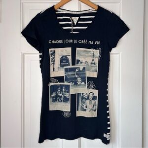 Saint Tropez Bien Bleu Navy Blue French Graphic Tee with Stripes Size XS NWT